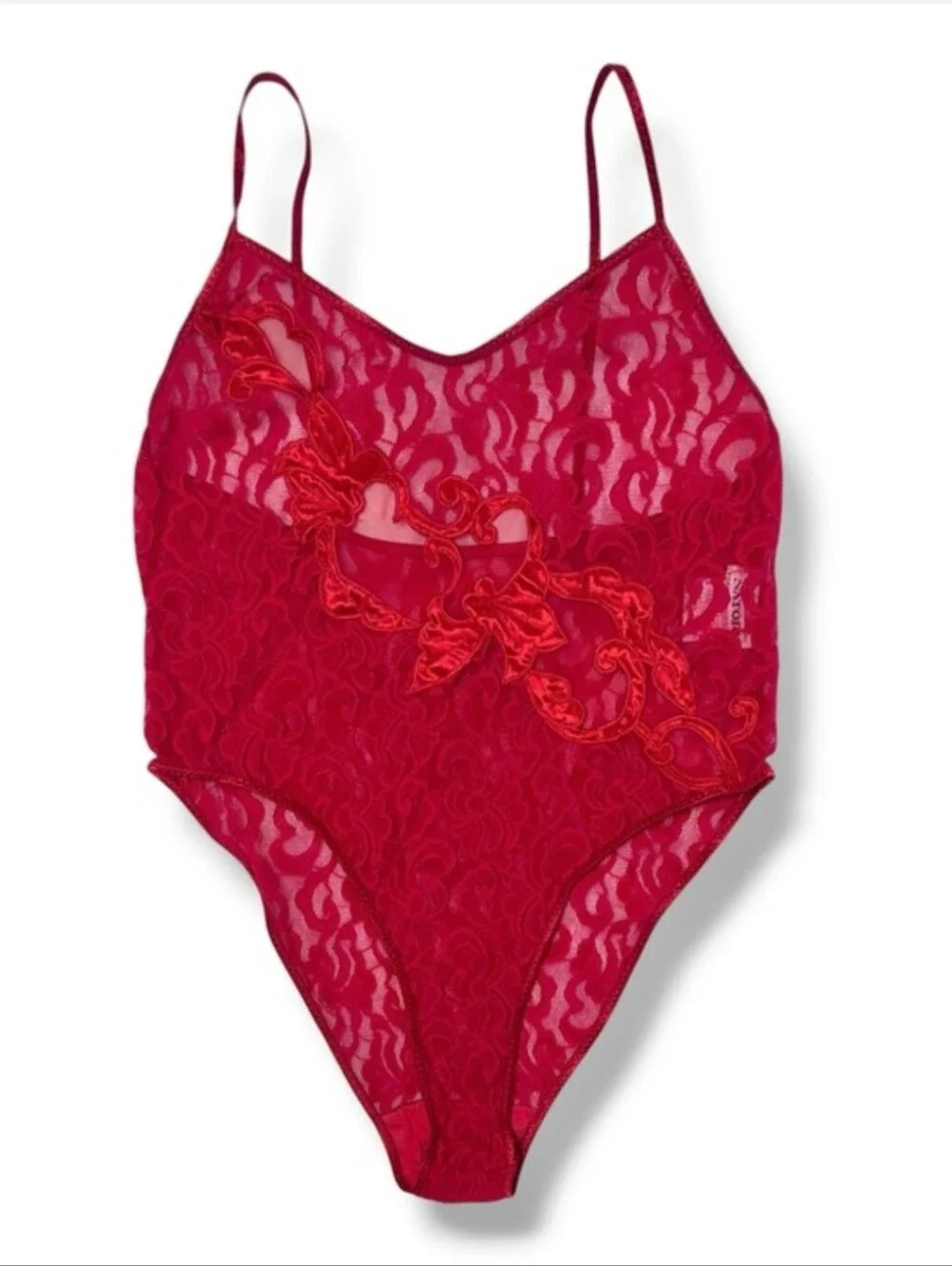 NATORI Red Stretch Lace Bodysuit Sheer Mesh & Satin Design Size Small VINTAGE